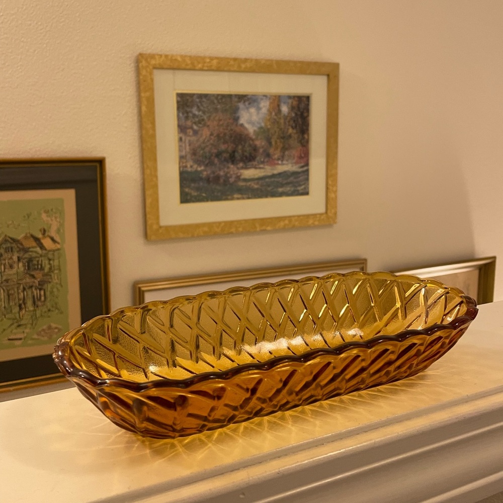 Vintage amber glass oval bowl